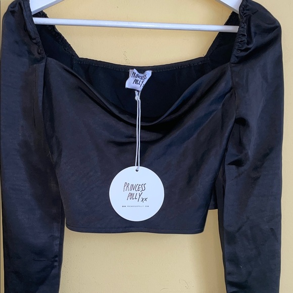 Princess Polly Love Song Top Black Satin Long Sleeve Crop Square Neck NWT US 2 - Picture 4 of 10